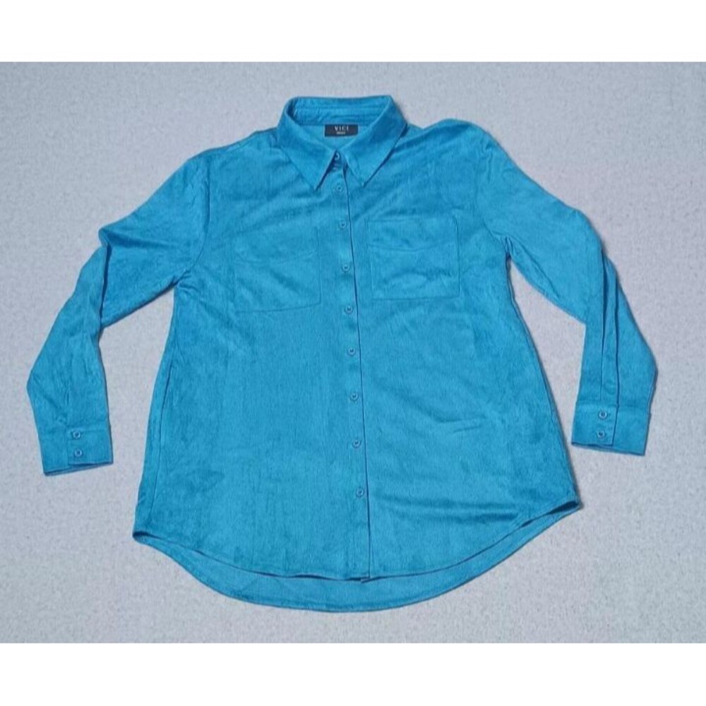Vici Long Sleeve Faux Suede Button Down Womens Small Teal Tunic Peacock Pockets